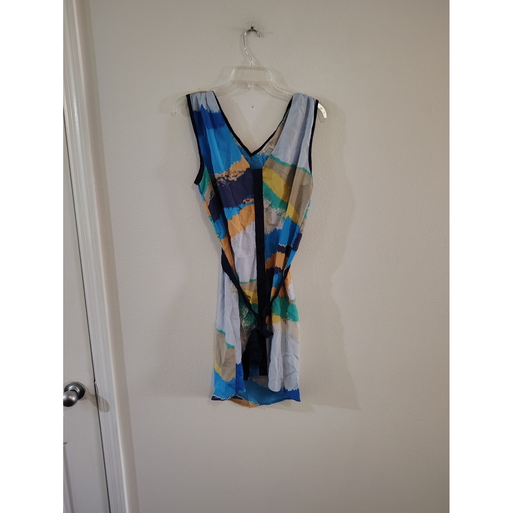Jealous Tomato Abstract Brushstroke Print V-Neck Sleeveless Mini Dress Blue M
